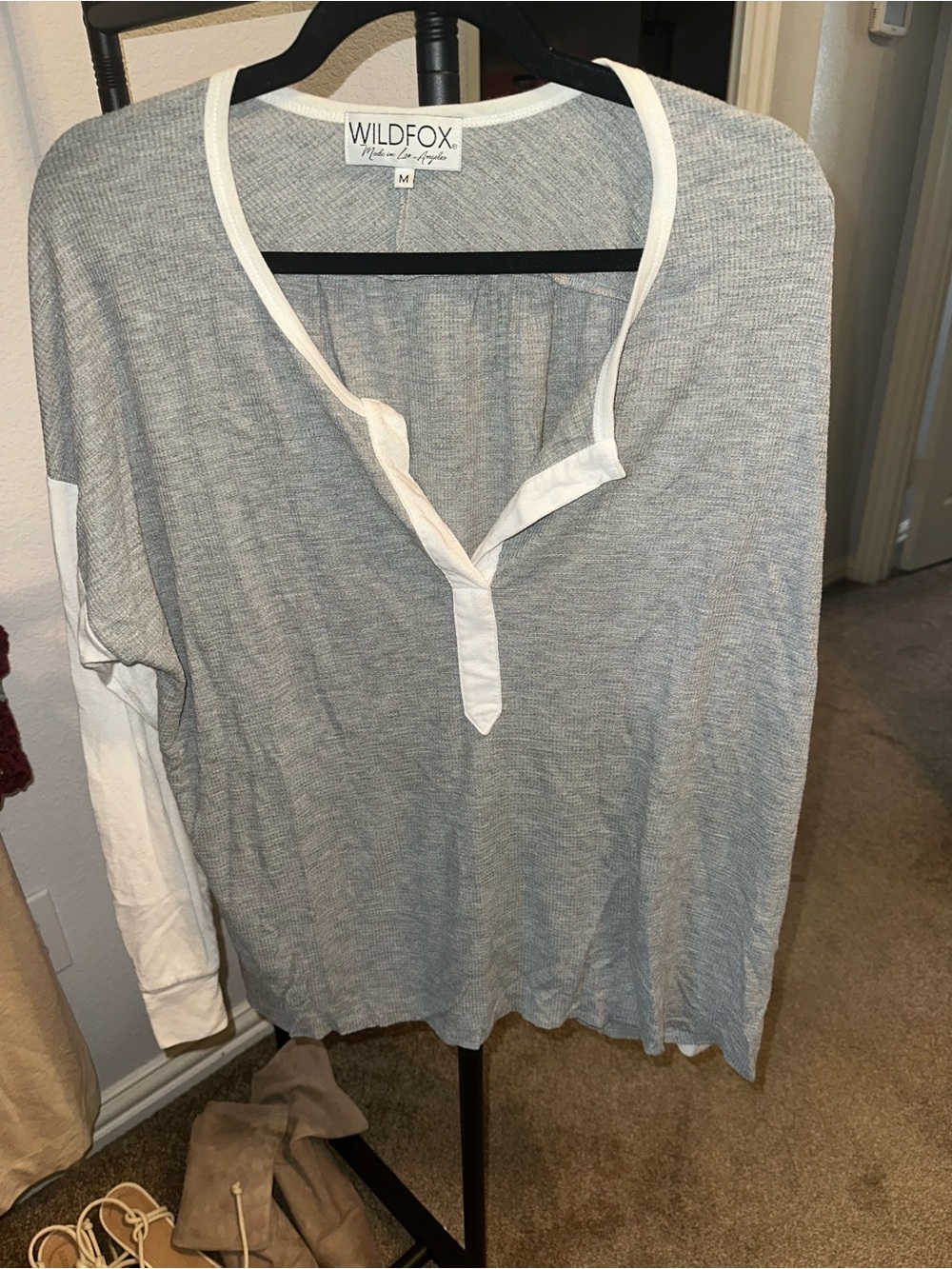 Wildfox Gray & White Thermal Henley Top